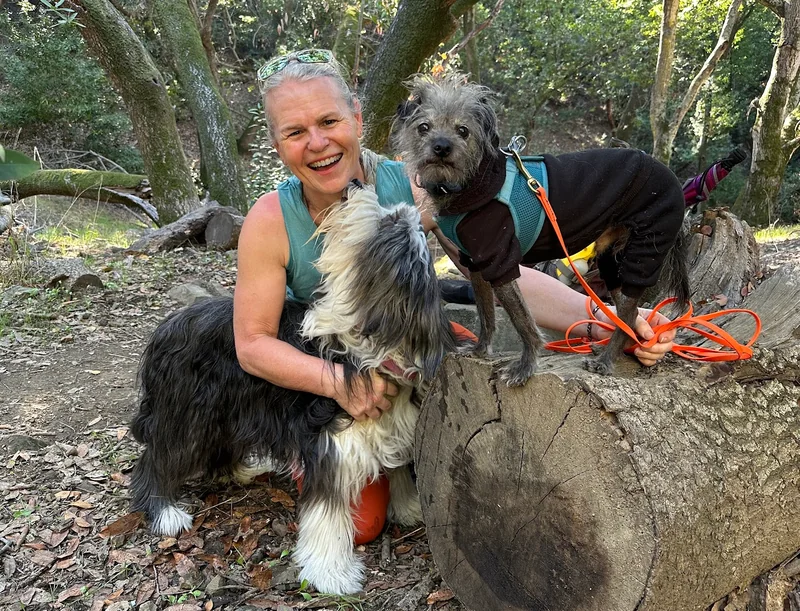 Rebecca kneeling beside a log with her two dogs on a shaded trail
