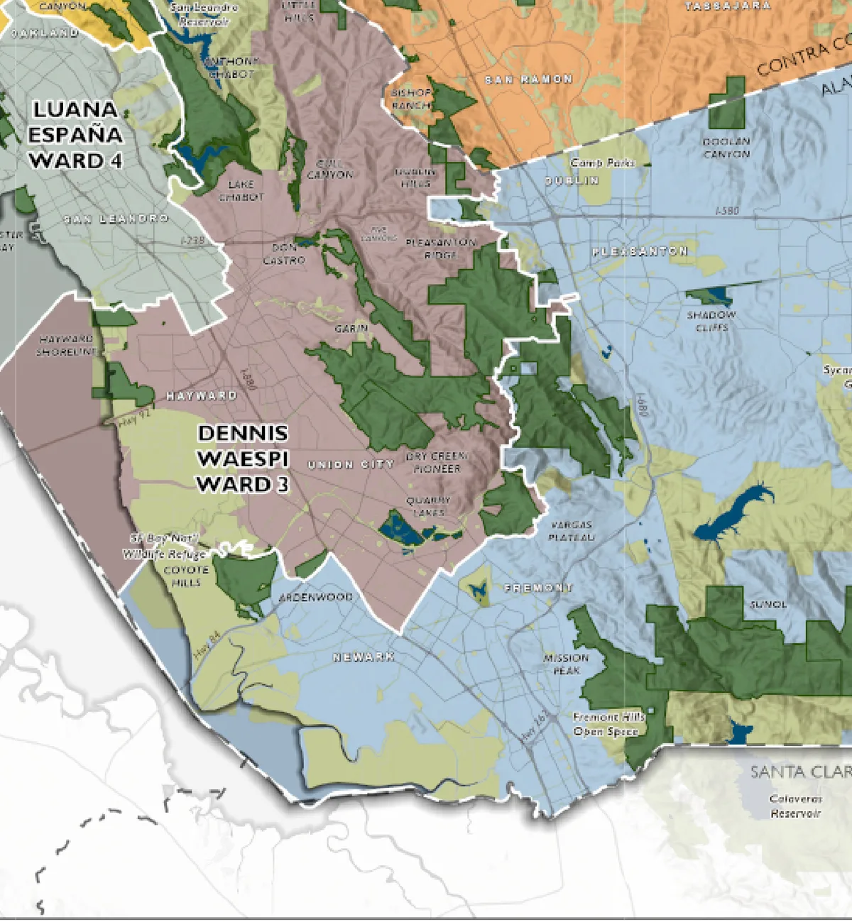 Close-up of the official EBRPD ward map showing Ward 3 covering Castro Valley, Fairview, Hayward, Union City, and portions of Fremont and San Lorenzo